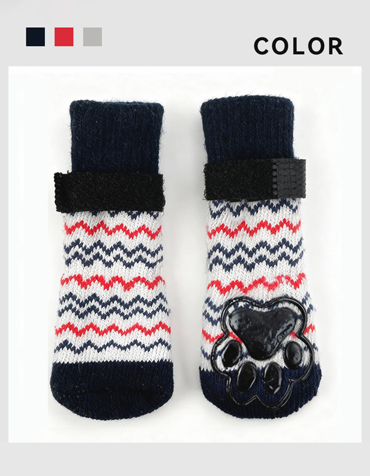 WarmStay extended cotton dog socks featuring striped knit pattern, long-leg design, and anti-slip sole.