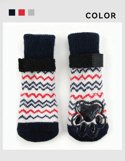 WarmStay extended cotton dog socks featuring striped knit pattern, long-leg design, and anti-slip sole.