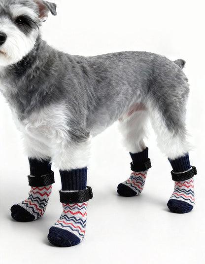 Dog wearing WarmStay extended non-slip dog socks with cotton knit fabric, grip sole, and secure strap design for indoor comfort.