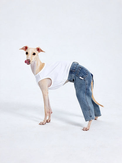 CHISUPET washed blue pet denim overalls with a clean, rhinestone-free pant hem