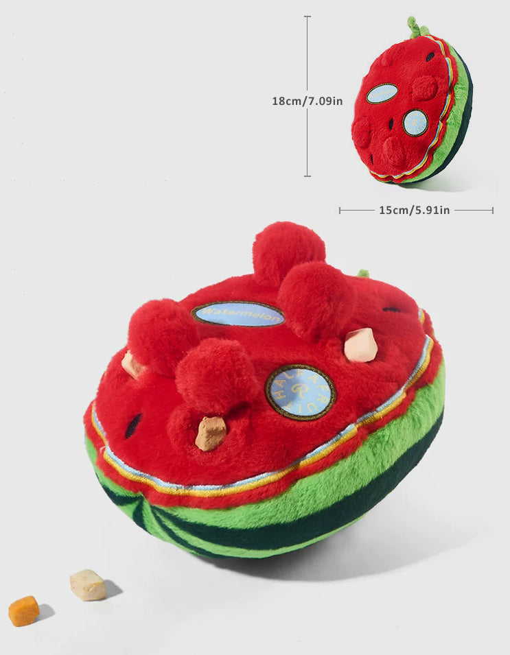 Watermelon-shaped dog snuffle toy with soft plush texture for enrichment activities