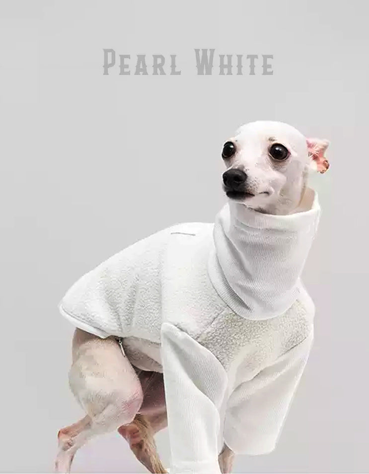 Dog wearing CHISU CozyFleece white fleece zip suit with soft dual-layer thermal fabric for cold weather protection.