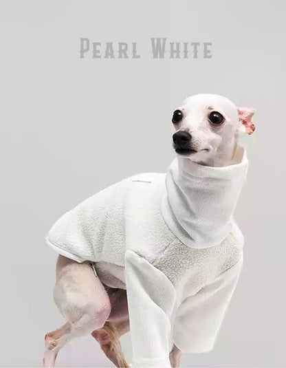 Dog wearing CHISU CozyFleece white fleece zip suit with soft dual-layer thermal fabric for cold weather protection.