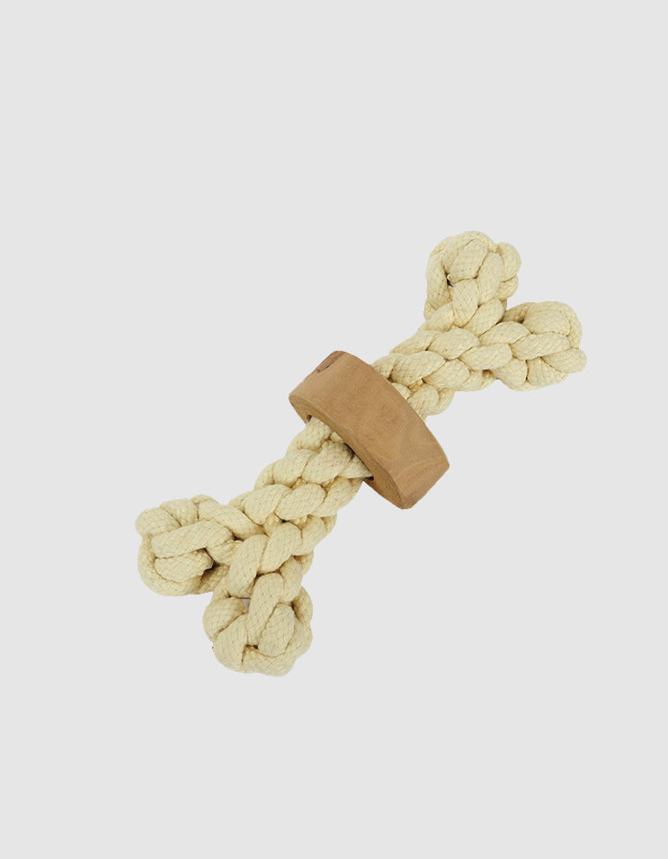 Bone shaped eco dog toy made of coffee wood cotton rope and tennis ball elements