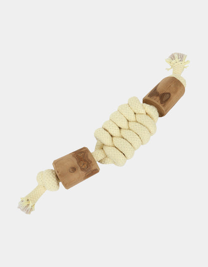 Candy knot style dog chew toy made from cotton rope and natural wood accents