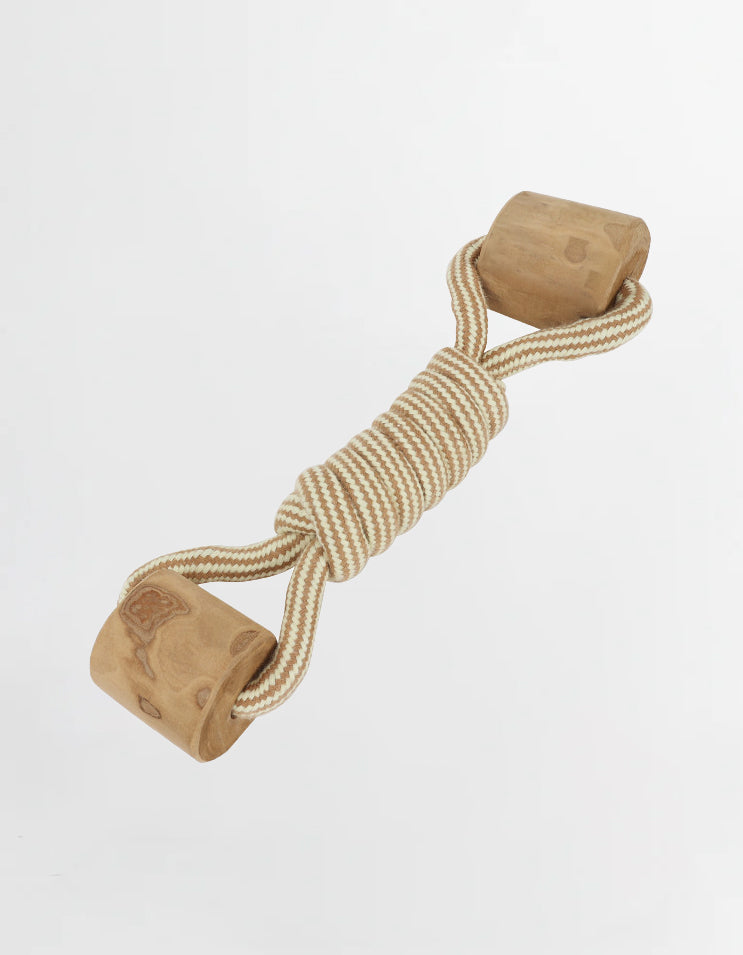 Eco-friendly dog rope toy with double handle design made from wood and cotton rope