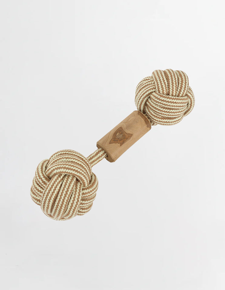 Dumbbell shaped dog tug toy combining wood ends and durable cotton rope