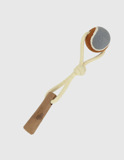 Handheld rope toy with ball end designed for interactive dog play and tugging