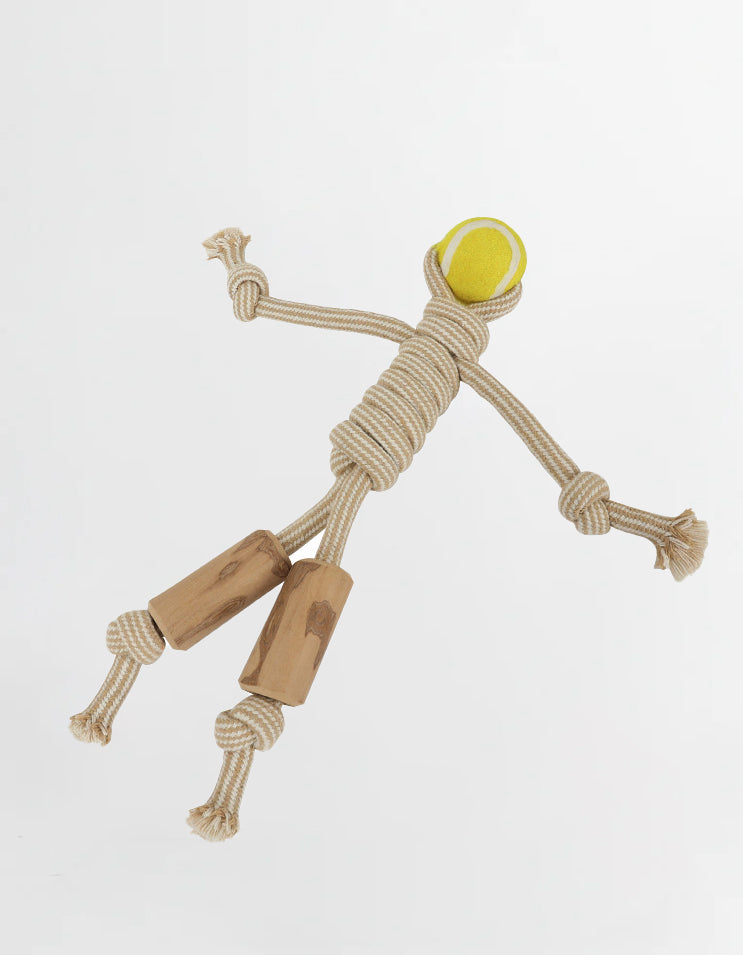 Tennis ball character rope toy designed for chewing and interactive enrichment play
